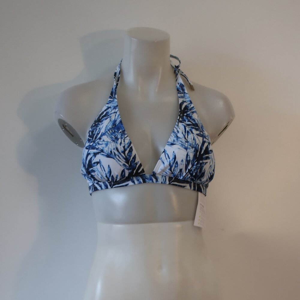 NWT Womens SR Swim (Snapper Rock) Blue, White Tropical  Bikini Top L  (SPF 50 +)
